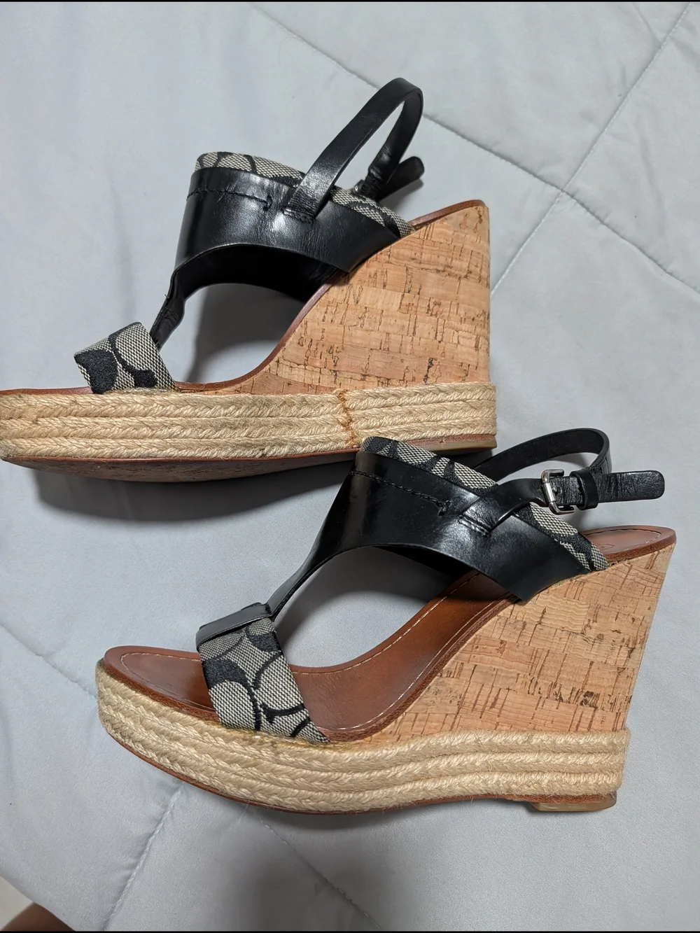 Coach Black Canvas & Leather Cork Espadrille Wedge Sandals